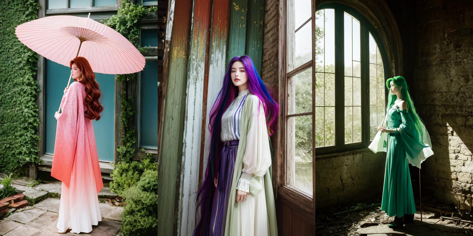 (otherworldly), highly insanely detailed, masterpiece, top quality, best quality, highres, 4k, 8k, RAW photo, (very aesthetic, beautiful and aesthetic), 1girl, Tower13_Gizelle,
BREAK
<lora:wagasa_V1.0:0.7>, wagasa, oil-paper umbrella, holding umbrella,
BREAK
(long-shot ruins, building, window frame, cracked window, wall corner, upturned, abandoned, metal, industrial, fence, moody, cracked mud, urban, canalside:1.2),
BREAK
(__lazy-wildcards/char/haircolor__:1.3),
__lazy-wildcards/dataset/background-color__,
âââ