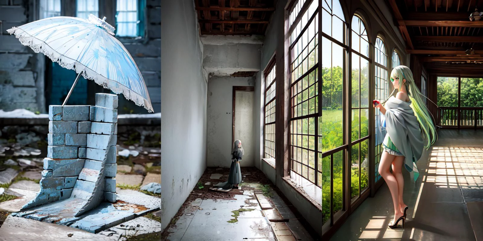 (otherworldly), highly insanely detailed, masterpiece, top quality, best quality, highres, 4k, 8k, RAW photo, (very aesthetic, beautiful and aesthetic), 1girl, Tower13_Gizelle,
BREAK
<lora:wagasa_V1.0:0.7>, wagasa, oil-paper umbrella, holding umbrella,
BREAK
(long-shot ruins, building, window frame, cracked window, wall corner, upturned, abandoned, metal, industrial, fence, moody, cracked mud, urban, canalside:1.2),
BREAK
(__lazy-wildcards/char/haircolor__:1.3),
__lazy-wildcards/dataset/background-color__,
âââ