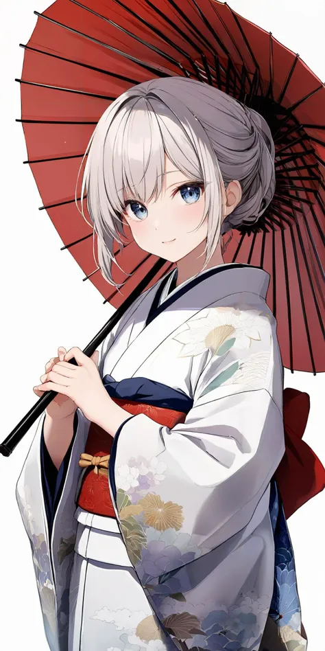 masterpiece,ultra-detailed,best quality,8K,illustration,cute face,clean skin ,shiny hair,girl,ultra-detailed-eyes,simple background, <lora:add-detail-xl:1> <lora:wagasa_XL_V1.1:0.6> wagasa, oil-paper umbrella, japanese clothes, holding umbrella