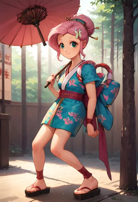 SFW, rating_all, score_10, score_8_up, score_7_up, Equestria girls, (((human))), 1female, (((solo))), (((Fluttershy) cosplaying) as Ayame), short hair, bangs, (pink hair), hair ornament, short sleeves, sidelocks, japanese clothes, kimono, hair bun, (aqua eyes), sash, obi, sandals, single hair bun, rope, hair stick, short kimono, platform footwear, ankle wrap, slender, standing, smiling, ((holding pink wagasa)), oil-paper umbrella, detailed, vector, flat colors