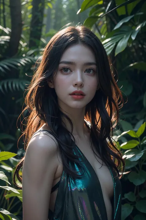 cinematic still, filmed by Guillermo del Toro, Amidst a deep dark forest, an enigmatic being appears--an amalgamation of flora and fauna, with vines for hair, eyes gleaming like embers, and skin adorned with iridescent scales