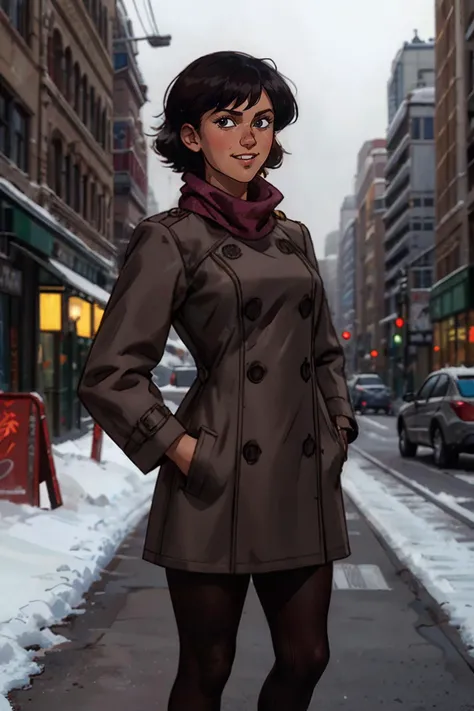 kei, woman, black eyes, short black hair,scarf, trench coat, long sleeves, pantyhose, looking at viewer, smiling, standing, upper body shot, standing, hands in pockets, outside, city, street, snow, overcast, neon lighting, high quality, masterpiece,  <lora:kei:.7>