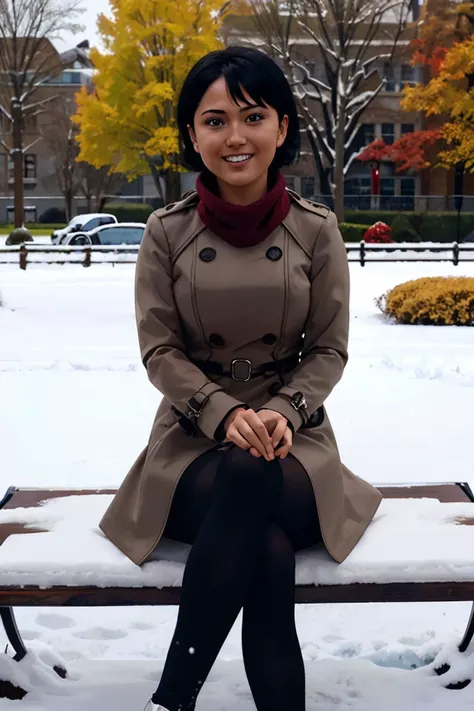 kei, woman, black eyes, short black hair,scarf, trench coat, long sleeves, pantyhose, looking at viewer,smiling, sitting, legs crossed, on bench, outside, snow, field, trees, autumn, overcast, high quality, masterpiece, <lora:kei:.7>