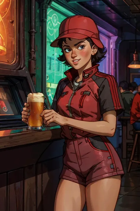 kei, woman, black eyes, short black hair,red hat, red jacket, short sleeves, shorts, looking at viewer, smiling, serious, blush, leaning inside bar, counter, holding a pint of beer, dark, neon lighting, high quality, masterpiece, <lora:kei:.7>