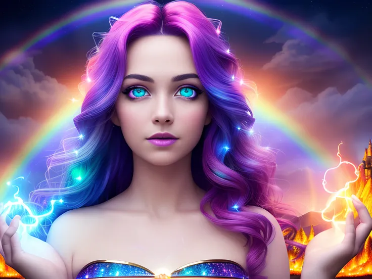 masterpiece, best quality, 8k, photo realistic, 1girl, beautiful woman with (((glowing eyes))) and (([rainbow|fire] hair)), (([sparks|fireflies|lightning|rainbows:0.2|fire:0.5|sparkles:1.5] magic swirling)), purple haze, beautiful mountains, large calm lake, castles, huge waterfall