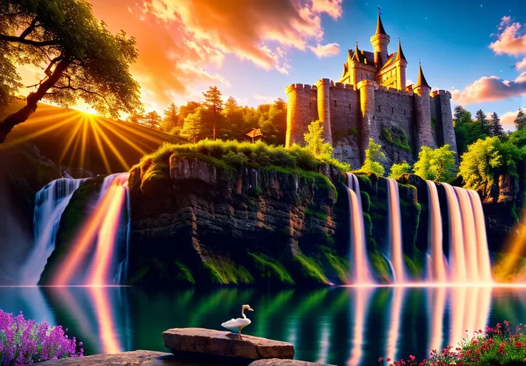 masterpiece, best quality, highest detail, 8k, fantasy, castle on a hill, beautiful waterfall, beautiful mountains, beautiful lake, swan, fireflies, god rays, golden hour, deep focus, wide angle, flowers, trees, reflections, townsfolk