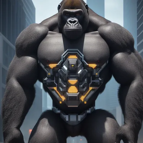 Masterwork,best quality, high detail, 8k, octane render, ITAP of a pixelated gorilla cyborg