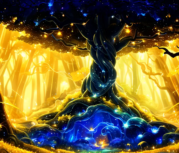 masterpiece, best quality, high detail, 8k, ethereal forest with giant ghostly trees, transparent vague figures, stars, (yellow fireflies:1.3), sparkle faeries, [white sparkles|galaxy|stars|phantoms|elfish|], diffused light, deep focus, (magical [galaxy|lightning|rainbow|aura]) 