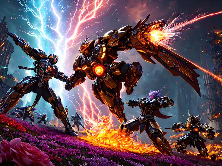 masterpiece, highest detail, best quality, ,magic battle of epic proportions, fire lightning ice sparkles glow flowers, dynamic lighting, deep focus, fantasy, scifi, cyberpunk, elegant, intricate