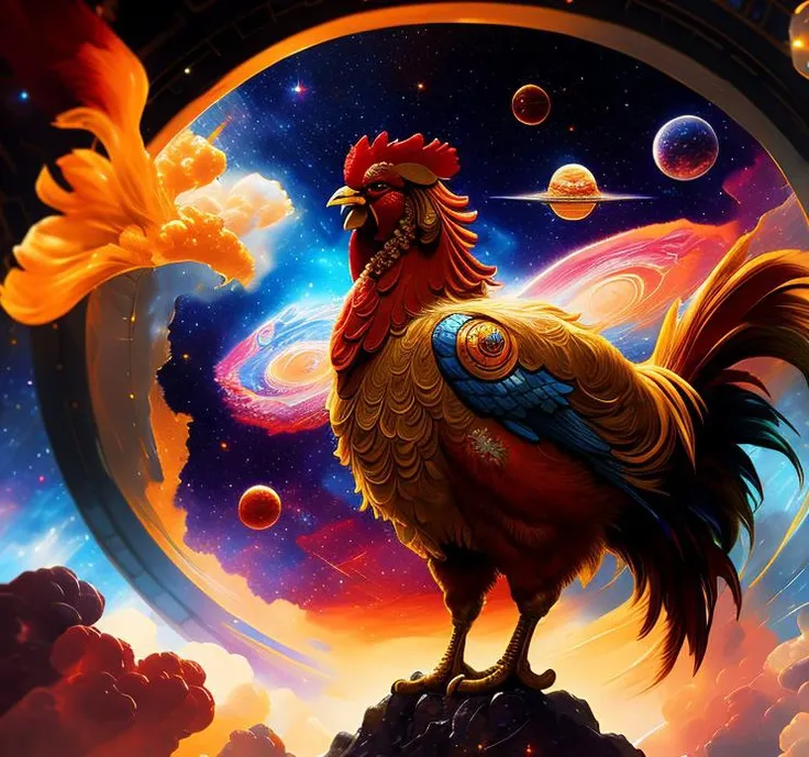 masterpiece, best quality, intricate details, octane render, 8k, gigantic elegant rooster, galaxy rooster, bionic, cyborg, robotic, photo realism, impasto impressionism, by pino daeni, Leonid Afremov, space, stars, planets, moons, nebula,