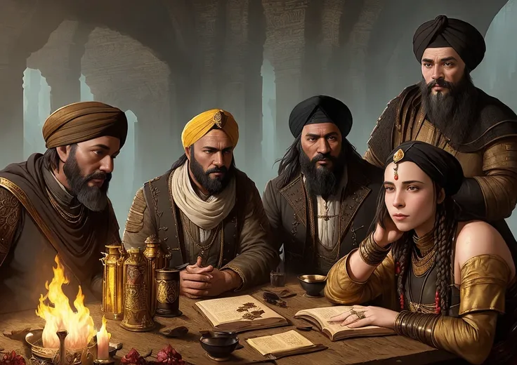 analog style, DSLR Photo wide-angle photorealist gorgeous ((wideangle)) digital painting of the unpleasant merchant men coming from the ((black galleys:1.3)) to trade in the somber Dylath-Leen taverns, with (mouths too wide) and strange (turbans:1.3) (((((humped up in two points above their foreheads))))) in especially bad taste and the shortest and queerest shoes ever seen, they take only ((gold)) and (stout black slaves) from Parg across the river, masterpiece, (insanely detailed), best quality, extremely detailed, UHD 8k, octane render, ray tracing, award winning photography, Photorealistic, stunning environment, trending on artstation, trending on CGsociety, Intricate environment, High Detail, dramatic, subdued colors, darkness, dramatic lighting, art by greg rutkowski and by moebius and by antoine mucha, analog style, (medieval:1.3), (grit:1.3), (decay:1.3),(dirt:1.3), (darkness:1.3) (neglect:1.2) RFKTR_sinetempore