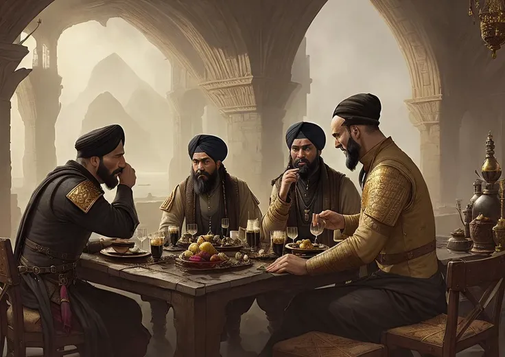 analog style, DSLR Photo wide-angle photorealist gorgeous ((wideangle)) digital painting of the unpleasant merchant men coming from the ((black galleys:1.3)) to trade in the somber Dylath-Leen taverns, with (mouths too wide) and strange (turbans:1.3) (((((humped up in two points above their foreheads))))) in especially bad taste and the shortest and queerest shoes ever seen, they take only ((gold)) and (stout black slaves) from Parg across the river, masterpiece, (insanely detailed), best quality, extremely detailed, UHD 8k, octane render, ray tracing, award winning photography, Photorealistic, stunning environment, trending on artstation, trending on CGsociety, Intricate environment, High Detail, dramatic, subdued colors, darkness, dramatic lighting, art by greg rutkowski and by moebius and by antoine mucha, analog style, (medieval:1.3), (grit:1.3), (decay:1.3),(dirt:1.3), (darkness:1.3) (neglect:1.2) RFKTR_sinetempore