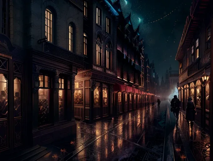 RAW wideangle photo, ((((And when Night Darkens the (Streets) then (wander) forth the ((Sons Of Belial)) flown with (insolence) and wine)))), epic, ominous, highly detailed, intricate environment, digital matte painting, outdoor, panoramic street view, concept art, mystery, sharp focus, illustration, art by artgerm and greg rutkowski and magali villeneuve and alphonse mucha and rossdraws and wlop and craig mullins and James Jean and Andrei Riabovitchev and Marc Simonetti and peter mohrbacher, background by james jean and gustav klimt, light by John Salminen, 4k uhd image, octane render, awesome, 8k, award winning art, cinematic lighting, high detail, intricate, ethereal, magical, otherworldly, dark fantasy, hyperrealistic, dreamlike, inky, old age, hypermaximalist, <lora:theovercomer8sContrastFix_sd15:1>, (decay:1.3), (grit:1.3), (neglect:1.3), to8contrast style RFKTR_sinetempore