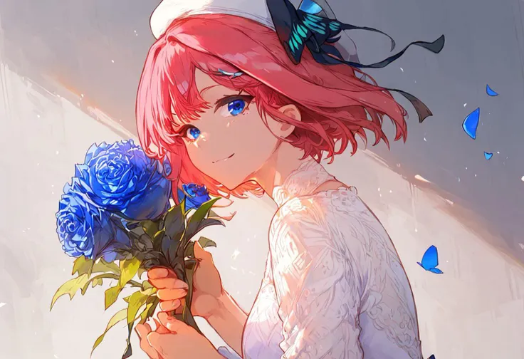 score_9, score_8_up, score_7_up, read_description, highly detailed, 1girl, ((solo)), nakano nino, butterfly hair ornament, 1girl, blue eyes, pink hair, short hair, hair ornament, hair ribbon, white summer dress, white hat, holding a bunch of roses, light smile, looking at viewer, waving, holding bouquet, petals, blue rose, perfect hands, perfect eyes
<lora:quintessential_quintuplets:1>