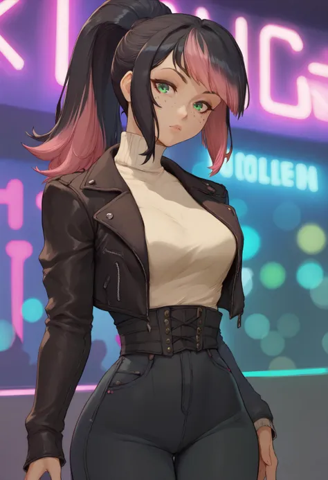 score_9, score_8_up, score_7_up BREAK solo, 1girl, cowboy shot, nightclub, neon lights, bokeh, depth of field, black hair, pink dyed hair, ponytail, bangs, green eyes, freckles, makeup, leather jacket, turtleneck, high waist pants <lora:csr_pd_unet_t2:1>