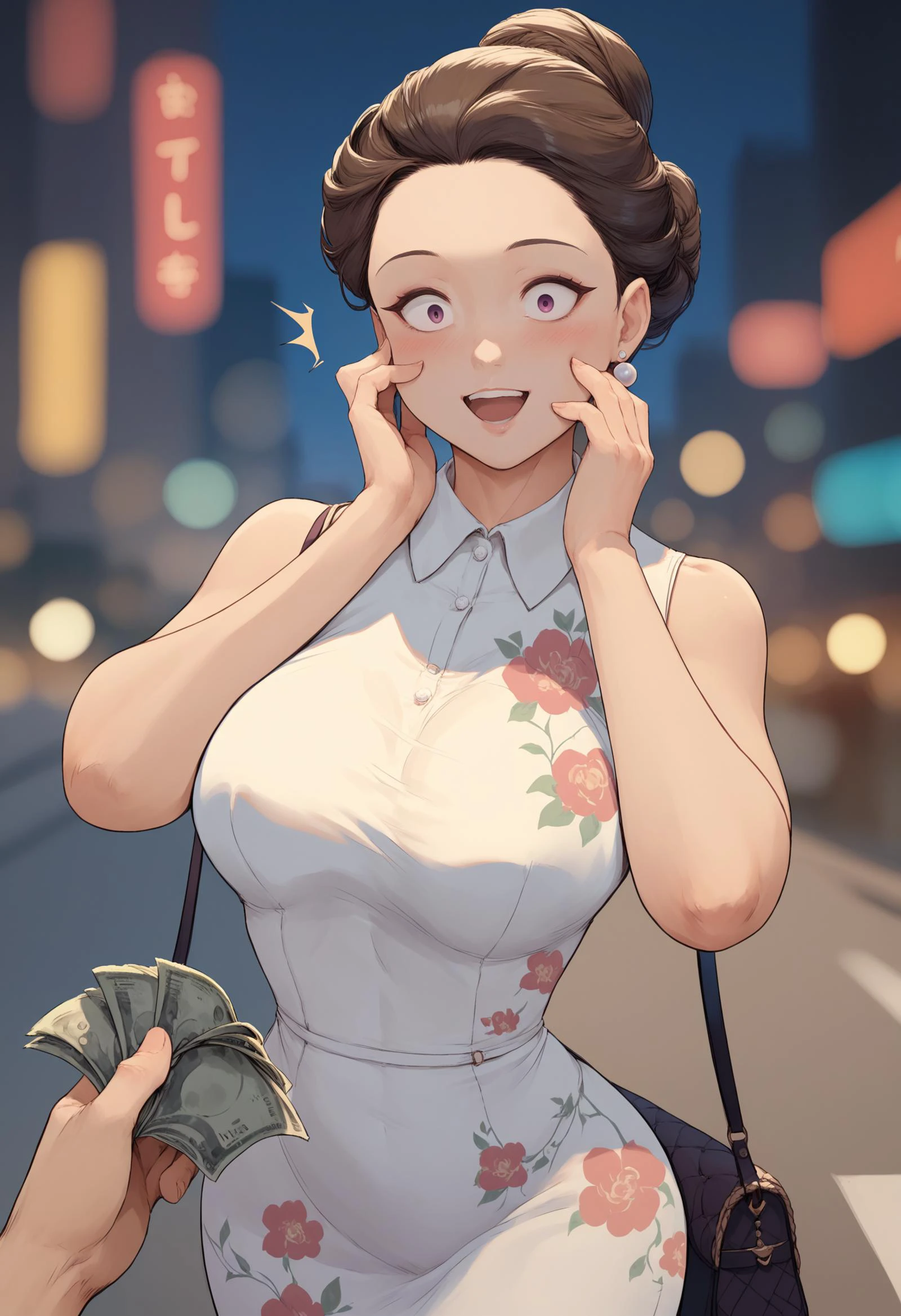 score_9, score_8_up, score_7_up, 1girl, solo, pov hands, holding money, hand on own cheek, adjusting collar, mature female, forehead, single hair bun, surprised, blush, open mouth, upper teeth, smile, large breasts, collared dress, floral print, sleeveless dress, makeup, street, blurred background, detailed background, cityscape, depth of field, handbag, wide hips, earrings, jewelry, looking down, looking down at viewer, <lora:csr_pd_unet_t2:1.0>
