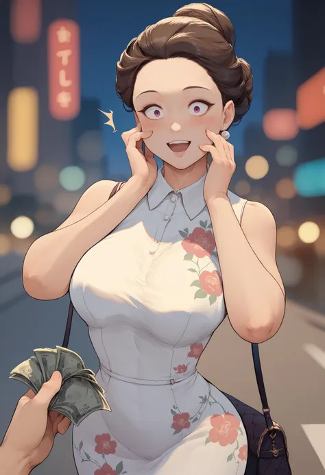 score_9, score_8_up, score_7_up, 1girl, solo, pov hands, holding money, hand on own cheek, adjusting collar, mature female, forehead, single hair bun, surprised, blush, open mouth, upper teeth, smile, large breasts, collared dress, floral print, sleeveless dress, makeup, street, blurred background, detailed background, cityscape, depth of field, handbag, wide hips, earrings, jewelry, looking down, looking down at viewer,  <lora:csr_pd_unet_t2:1.0>