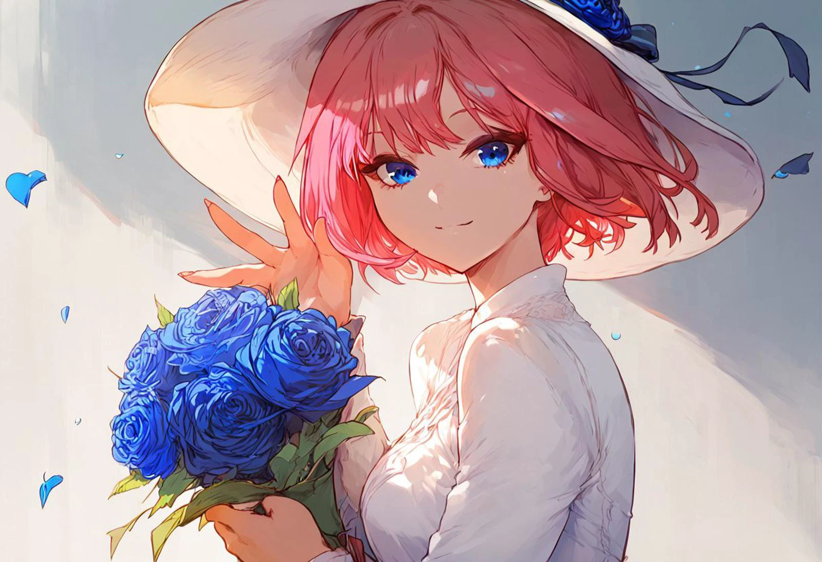 score_9, score_8_up, score_7_up, read_description, highly detailed, 1girl, ((solo)), nakano nino, butterfly hair ornament, 1girl, blue eyes, pink hair, short hair, hair ornament, hair ribbon, white summer dress, white hat, holding a bunch of roses, light smile, looking at viewer, waving, holding bouquet, petals, blue rose, perfect hands, perfect eyes
<lora:quintessential_quintuplets:1>