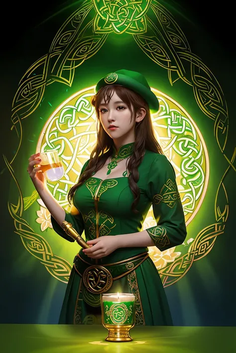 Immerse yourself in the enchanting world of Celtic mythology with a mesmerizing illustration capturing the essence of St. Patrick's Day. This intricate double-exposure artwork features a surreal portrayal of Celtic elements, including shamrocks, a golden pot, a pipe, a harp, a candle, and beer, intricately interwoven with geometric patterns. The focal point of the composition is a captivating silhouette of a girl adorned in a leprechaun costume and hat, exuding an aura of mystery and magic. the illustration achieves amazing depth and detail. With smooth, artistic brushstrokes and great masterwork, this zen painting illustration transports viewers to a realm where Celtic tradition meets contemporary artistry, 1girl, <lora:RolaTakizawa_Jav-02:1>
