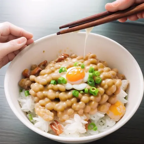 ultra-detailed,masterpiece,best quality,1girl <lora:add_detail:1>,living room,table,chair,donburi,rice,fried egg,bacon,nattou,miso soup,chopstick,eating rice,close up <lora:nattou_SD15_V1:0.8>