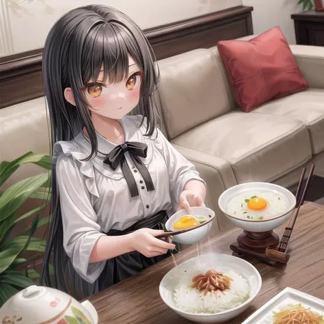 ultra-detailed,masterpiece,best quality,1girl,blouse,black longhair,girl focus <lora:add_detail:1>,living room,table,chair,rice,fried egg with bacon on plate,rice bowl,(nattou),chopstick, <lora:nattou_SD15_V1:0.7>