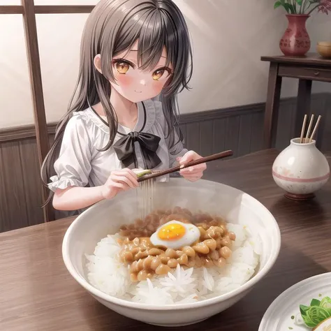 ultra-detailed,masterpiece,best quality,1girl,blouse,black longhair,girl focus <lora:add_detail:1>,living room,table,chair,rice,fried egg with bacon on plate,rice bowl,(nattou),miso soup,chopstick, <lora:nattou_SD15_V1:0.7>
