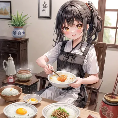 ultra-detailed,masterpiece,best quality,1girl,blouse,black longhair,happy,girl focus <lora:add_detail:1>,living room,table,chair,(rice,rice bowl,nattou),fried egg with bacon on plate,chopstick, <lora:nattou_SD15_V1:0.7>