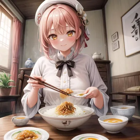 ultra-detailed,masterpiece,best quality,1girl,blouse,girl focus <lora:add_detail:1>,living room,table,chair,rice,fried egg with bacon on plate,rice bowl,(nattou),miso soup,chopstick, <lora:nattou_SD15_V1:0.7>