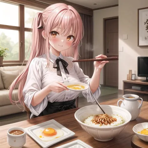 ultra-detailed,masterpiece,best quality,1girl,blouse,girl focus <lora:add_detail:1>,living room,table,chair,rice,fried egg with bacon on dish,nattou,miso soup,chopstick, <lora:nattou_SD15_V1:0.6>