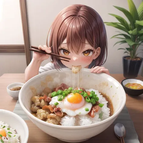 ultra-detailed,masterpiece,best quality,1girl,girl focus <lora:add_detail:1>,living room,table,chair,donburi,rice,fried egg with bacon,nattou,miso soup,chopstick,eating rice,close up <lora:nattou_SD15_V1:0.5>