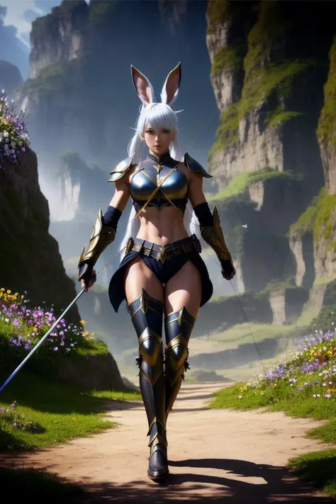 <lora:beautifulDetailedEyes_v10:.3> <lora:lightAndShadow_v10:.3> Viera, (masterpiece, best quality, ultra-detailed, highres), perfect face, sidelighting, lustrous skin,(bloom), (shine), lighting, ray tracing, sci-fi,1girl, animal ears, floppy rabbit ears, solo, viera, (dark tan skin), white hair, ponytail, dark-skinned female, on side, lying, long hair, natural breasts, (leg armor), lips, looking at viewer, jewelry, depth_of_field, very detailed background, highly detailed background, Masterpiece, Ultra detailed, great composition, Dynamic angle,[Bottle bottom],(wide shot), extremely delicate and beautiful,(Highest picture quality), (Master's work), depth of field, solo, extreme light and shadow, masterpiece, rich in detail, (fine features), (highest quality), (masterpiece), (detailed eyes), (beautiful) detailed, beautiful detailed eyes,(straight-on), full body, fantasy:1, flower petals falling, (extremely detailed CG unity 8k wallpaper),(masterpiece), (best quality), (ultra-detailed), (best illustration),(best shadow),perfect lighting , perfect anatomy , vivid colors, bra armor, metal armor, black armor, leg muscles, arm muscles, abs, navel, anime, drawing, painting, <lora:muscleGirl_v1:.5>  action pose, (archer), holding archer bow, abs, navel, detailed fantasy background, (mature) landscapes, <lora:animeGameBackgrounds_backgroundV2:.6>