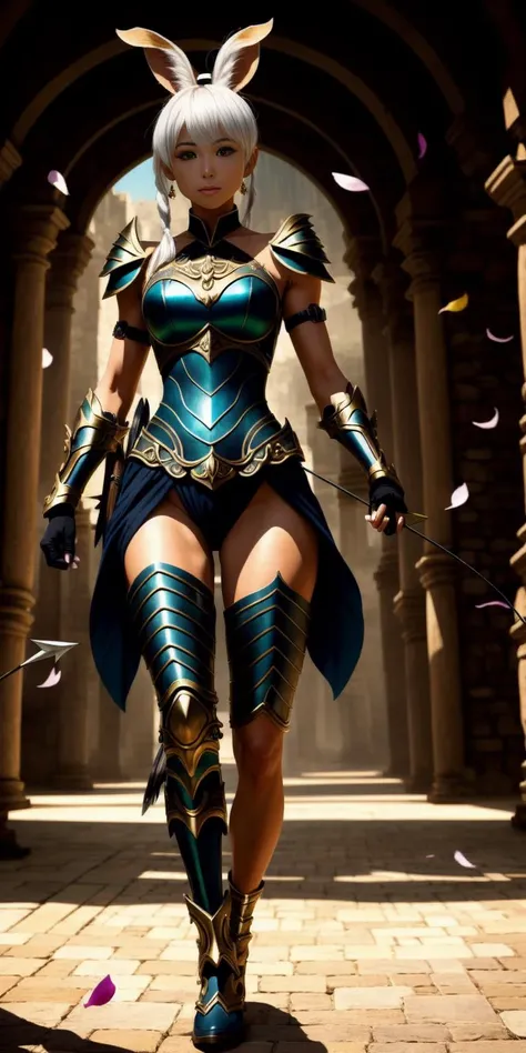 <lora:beautifulDetailedEyes_v10:.3> <lora:lightAndShadow_v10:.3> Viera, (masterpiece, best quality, ultra-detailed, highres), perfect face, sidelighting, lustrous skin,(bloom), (shine), lighting, ray tracing, sci-fi,1girl, floppy rabbit ears, solo, viera, (mature),(dark tan skin), white hair, ponytail, dark-skinned female, on side, lying, long hair, natural breasts, (leg armor), lips, looking at viewer, jewelry, depth_of_field, very detailed background, highly detailed background, Masterpiece, Ultra detailed, great composition, Dynamic angle,[Bottle bottom],(wide shot), extremely delicate and beautiful,(Highest picture quality), (Master's work), depth of field, solo, extreme light and shadow, masterpiece, rich in detail, (fine features), (highest quality), (masterpiece), (detailed eyes), (beautiful) detailed, beautiful detailed eyes,(straight-on), full body, fantasy:1, flower petals falling, (extremely detailed CG unity 8k wallpaper),(masterpiece), (best quality), (ultra-detailed), (best illustration),(best shadow), perfect lighting , perfect anatomy , vivid colors, bra armor, (metal armor), black armor, leg muscles, arm muscles, abs, navel, anime, drawing, painting, <lora:muscleGirl_v1:.5>  action pose, (archer), (holding bow), abs, navel, detailed fantasy background, landscapes, <lora:animeGameBackgrounds_backgroundV2:.6>