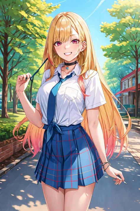 masterpiece, best quality, highres, kitagawa marin, 1girl, blonde hair, long hair, multicolored hair, red eyes, jewelry, earrings, piercing, school uniform, white shirt, tied shirt, black choker, blue necktie, plaid skirt, <lora:kitagawa_marin_v1-1:0.7>, grin, smile, standing, cowboy shot, outdoors, <lora:Ohland -Style_820760:1>