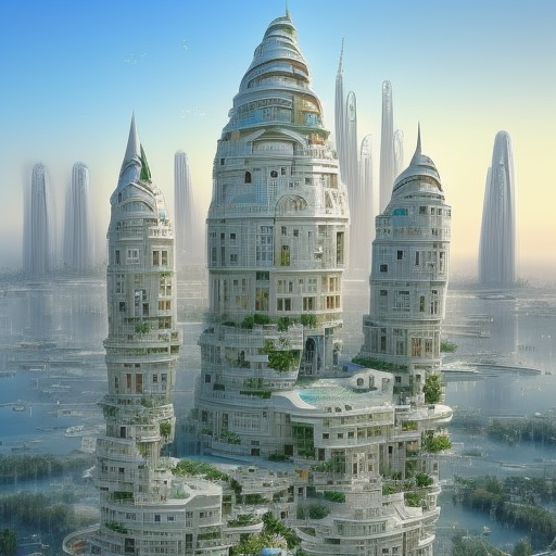 Futuristic city with a lot of tall buildings and a pool - SeaArt AI