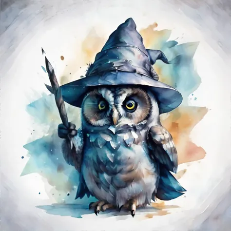 <lora:niji-watercolor:1.0>, owl wearing wizard hat, <clip:skip:2>, masterpiece, 8k, high resolution, shallow depth of field, sharp focus