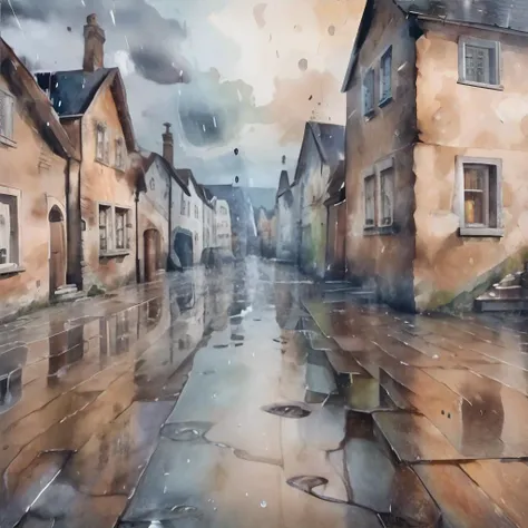 <lora:niji-watercolor:1.00>, sleepy european village, raining, cobblestone street, <clip:skip:2> || <lora:niji-watercolor:0.3>, cobblestone, raining, masterpiece, 8k, high resolution, shallow depth of field, sharp focus