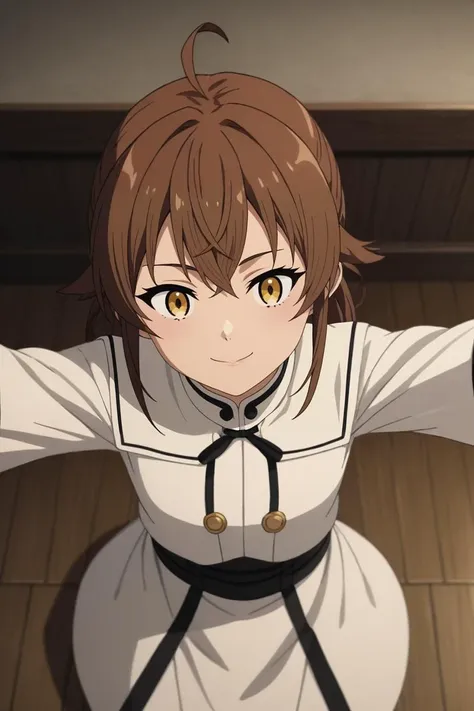 score_9, score_8_up, score_7_up, source_anime, rating_safe, , anime screencap, , official style, , depth of field, 1girl, gold eyes, chocolate hair,, solo, from above, armory, indoors, dark, outstretched arms, smile, <lora:mushoku_tensei_style_pony:0.82>, mushoku_tensei_style, <lora:sdxl_lightning_8step_lora:1>