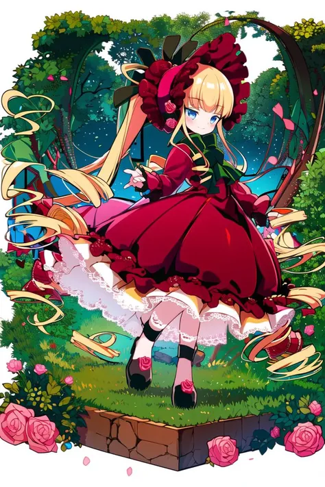 full body, masterpiece,best quality,1girl,solo,white background,,smile, <lora:shinku5-000012:0.9>,shinku,green bow, bonnet, red dress, ribbon, pink rose,long sleeves,black footwear,drill