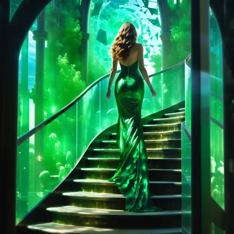 A scene depicting a dream, a beautiful long-haired lady in a long emerald dress walking up a transparent staircase Made_of_pieces_broken_glass leading to heaven, a view from the back,  Fantastical realism, shards, broken glass,  <lora:Fantastical Realism:0.9>,  <lora:Made_of_pieces_broken_glass:0.7>