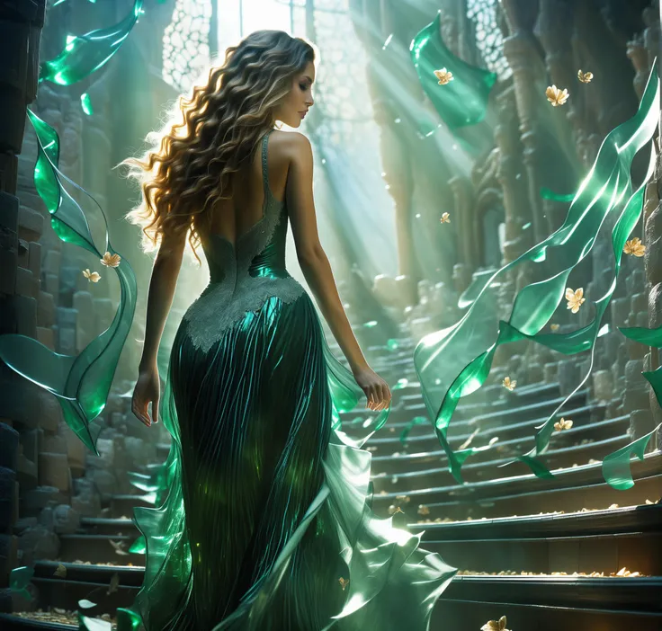 A bright scene depicting a beautiful dream, a beautiful long-haired lady in a long emerald dress walking up a transparent staircase Made_of_pieces_broken_glass leading to heaven,a trail of broken glass shards stretches behind her, soft warm light, a view from the back, Fantastical realism, shards, broken glass, <lora:Fantastical Realism:0.9>, <lora:Made_of_pieces_broken_glass:0.75>