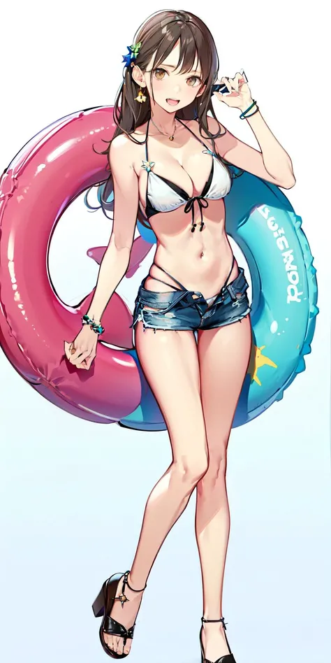 (Masterpiece:1.2, high quality),Slender girl,lower body,
1girl, solo, swimsuit, bikini, long hair, shorts, navel, breasts, innertube, white background, sandals, short shorts, brown hair, holding, full body, jewelry, cleavage, simple background, standing, cup, denim, black bikini, medium breasts, earrings, denim shorts, drinking straw, bikini top only, white bikini, holding cup, collarbone, food, brown eyes
<lora:20230528161909-000015:0.8>
