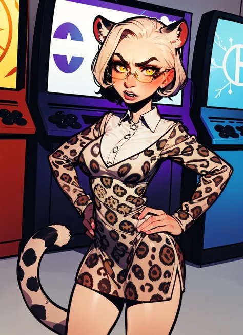 ((best quality)), ((highly detailed)), absurdres, (detailed eyes, deep eyes), (1girl), (glasses), angry, hands on hips, ((cocktail dress, <lora:EraseGroinSkirt:1>)), -(snow leopard girl, yellow eyes), leopard ears, leopard tail, leopard-print fur, large fangs, (inside, at an arcade), <lora:Incase [MockAi - v1.0]:.85>, incase, western artstyle, semi-realistic facial structure, semi-traditional artstyle, soft rendering style with visable brush strokes, red nose and cheeks, bouncing light, voluminous shading, painterly style, muted colors