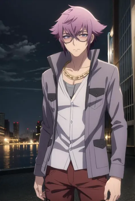 yuuyamirokuji, <lora:yuuya mirokuji s1-lora-nochekaiser:1>,
yuuya mirokuji, purple hair, male focus, sunglasses,
BREAK necklace, chain, jacket, grey jacket, pants, red pants, shirt, white shirt,
BREAK outdoor, city, night, sky, buildings, moon, clouds,
BREAK looking at viewer, (cowboy shot:1.5),
BREAK <lyco:GoodHands-beta2:1>, (masterpiece:1.2), best quality, high resolution, unity 8k wallpaper, (illustration:0.8), (beautiful detailed eyes:1.6), extremely detailed face, perfect lighting, extremely detailed CG, (perfect hands, perfect anatomy),