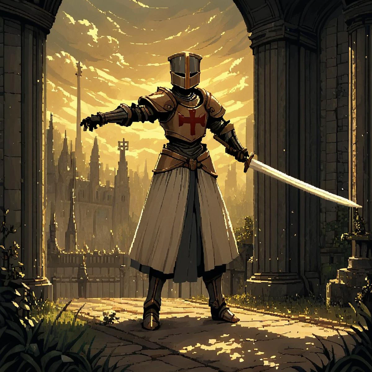 templar, holy dramatic lighting, full body armor, omnious medieval background, dynamic pose, battle stance, d3p1x3l, pixel art, scenery, outside, sword <lora:d3p1x3lXLP:0.7> <lora:Expressive_templar:0.8>, PonyXLV6_Scores