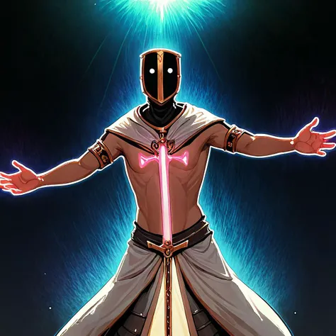 blacklight, (templar:1.2), sword in hand, glowing sword, raised arms, open hands, (trails:1.2), vibrant, solo, glowing, colorful light rays, colorful light particle <lora:last:0.7> <lora:Expressive_templar:1>, PonyXLV6_Scores