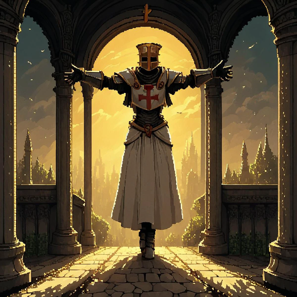 templar, holy dramatic lighting, full body armor, omnious medieval background, dynamic pose, open arms, open hands, d3p1x3l, pixel art, scenery <lora:d3p1x3lXLP:0.7> <lora:Expressive_templar:0.8>, PonyXLV6_Scores
