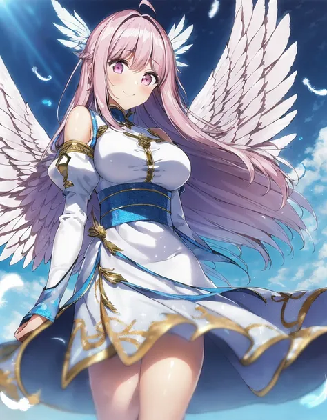 woman, angel, feathers, long blue hair, pink eyes, masterpiece, reflective, detailed, caustics, depth of field, feather dress, sleeves, transparent