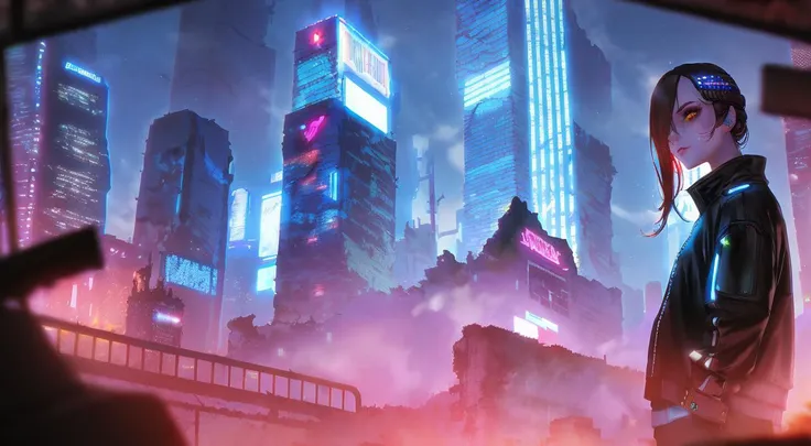 girl, eyes, face, cyberpunk, ruins, mist, night, masterpiece, detailed, depth of field, reflective, caustics, realistic