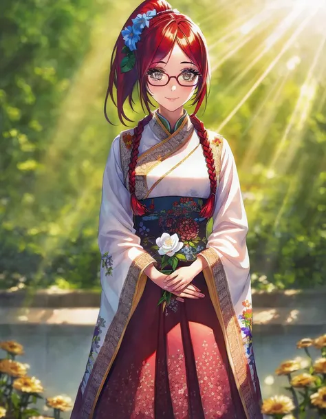 1girl, hands, eyes, eyelashes, ponytail, braids, flower hairstick, embroidery, red hair, glasses, solo, plants, sunlight, masterpiece, detailed, depth of field, reflective, caustics, realistic
