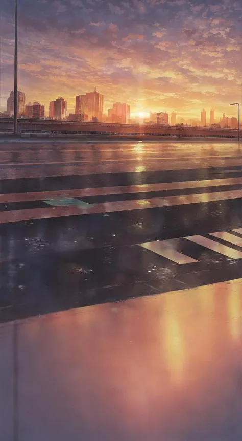 city, wet road, car, sunset, masterpiece, detailed, caustics, depth of field, reflective